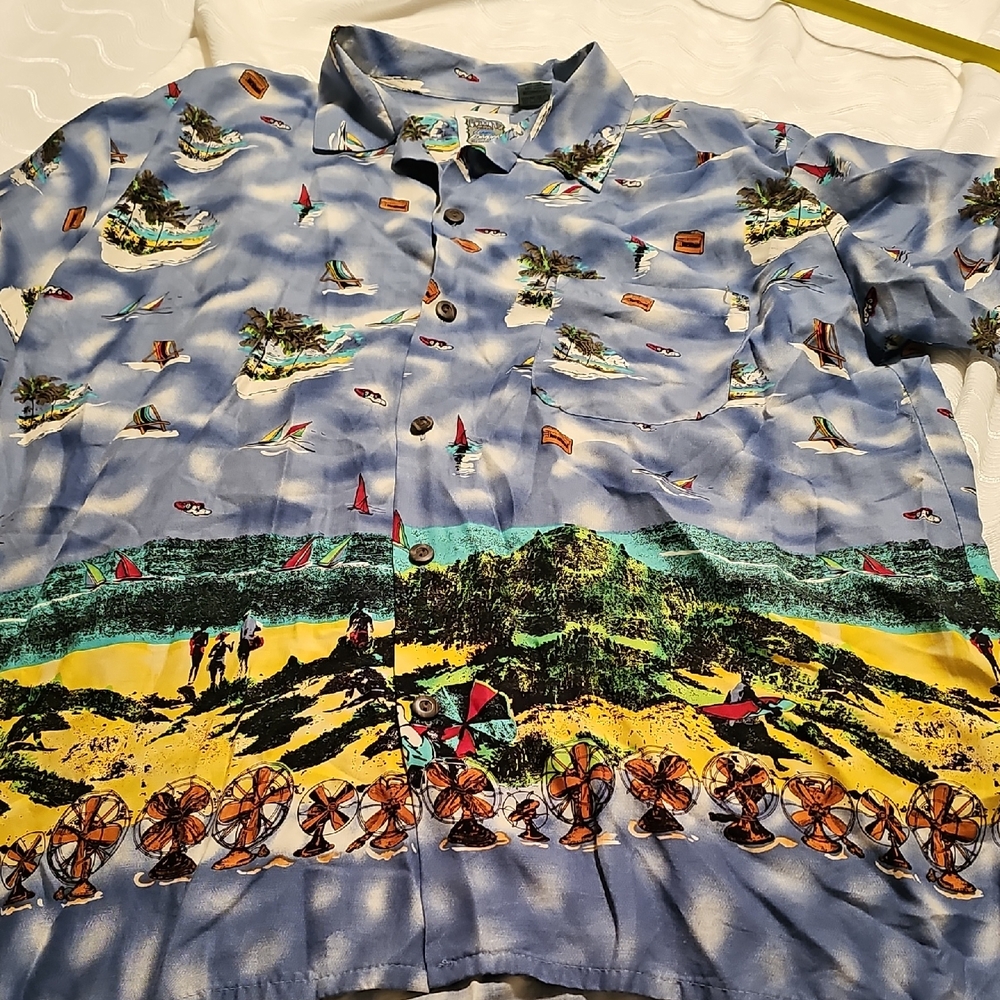 Ocean Current Multicolor Scenic Hawaiian Shirt Mens Large